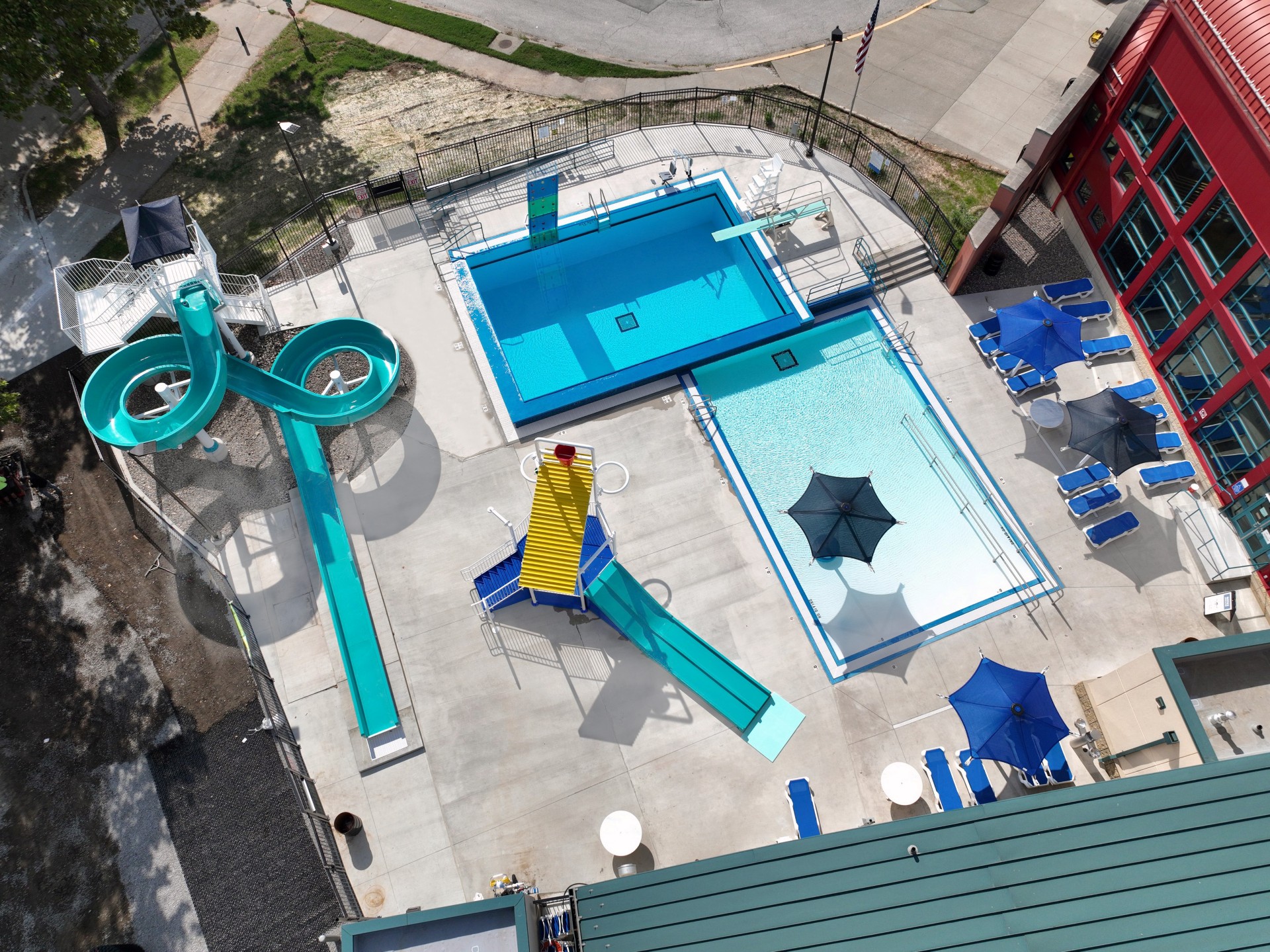 Aerial photo of the outdoor pool at Tony Aguirre Community Center in Kansas City, Missouri.