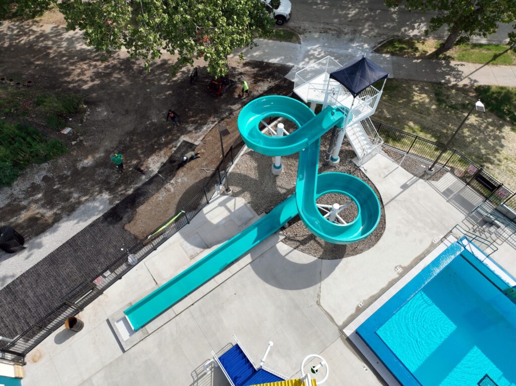 Aerial photo of the outdoor pool at Tony Aguirre Community Center in Kansas City, Missouri.
