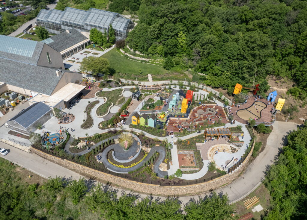 Aerial view of Sophia's Play Garden at Lauritzen Gardens in Omaha, Nebraska.