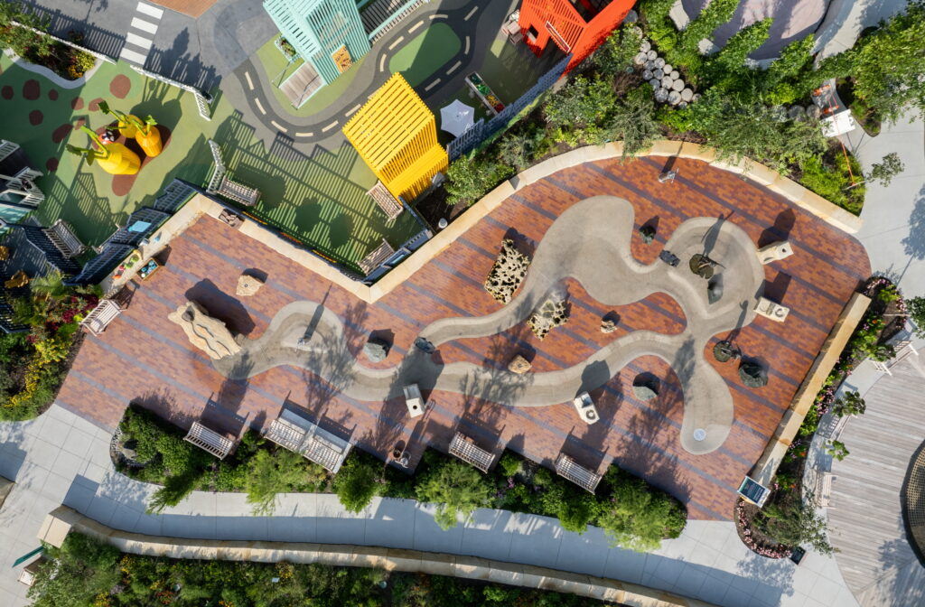 Aerial view of Hager Family Springs at Sophia's Play Garden at Lauritzen Gardens in Omaha, Nebraska.