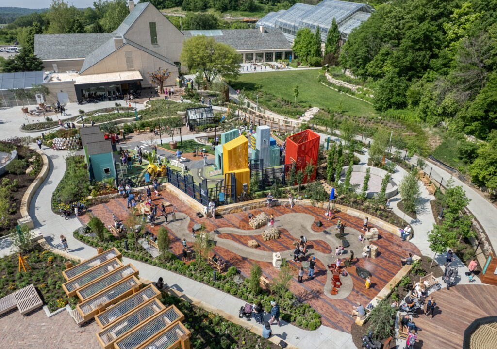 Aerial view of Hager Family Springs at Sophia's Play Garden at Lauritzen Gardens in Omaha, Nebraska.