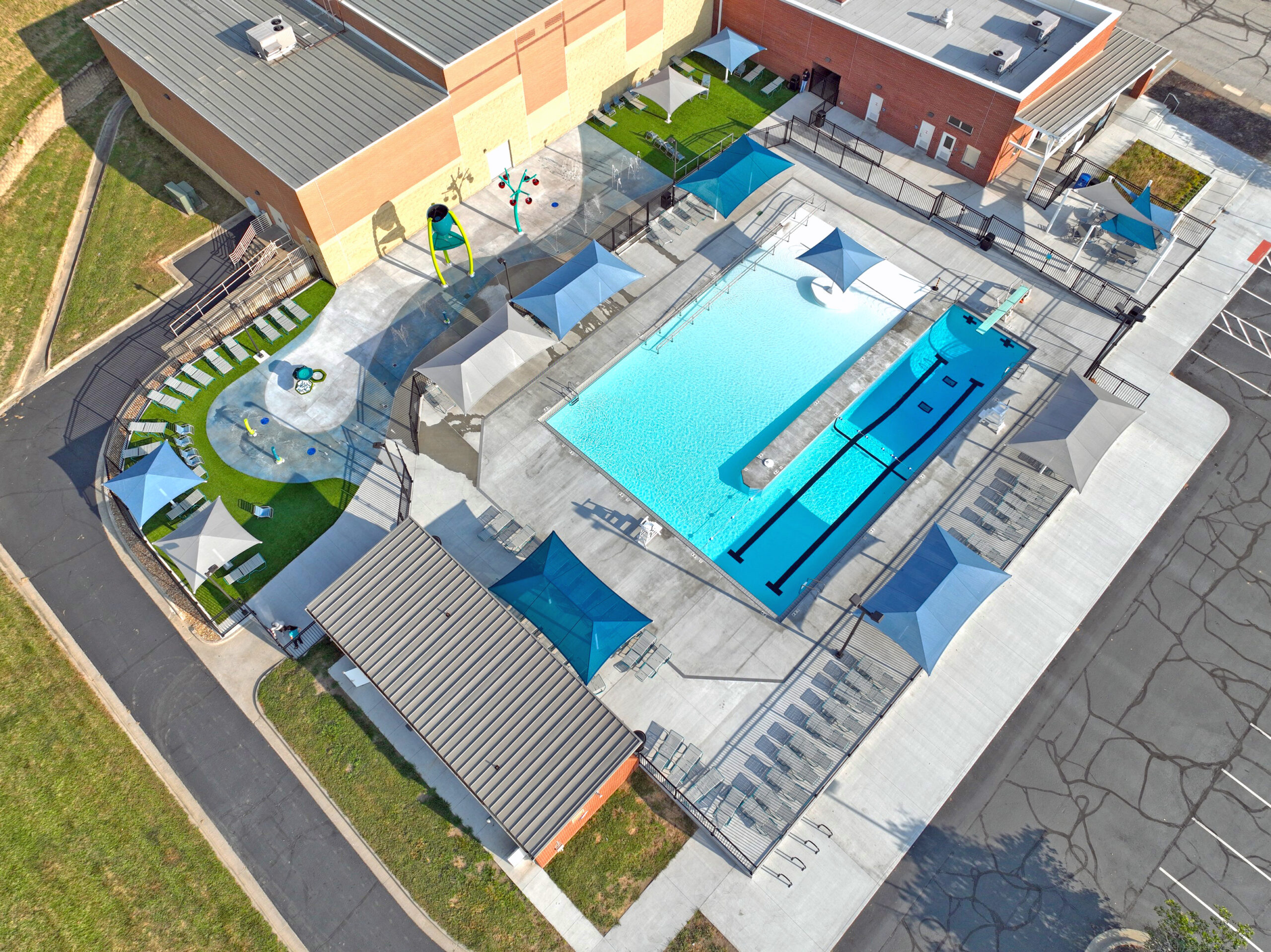 Aerial view of Riverside Aquatic Center in Riverside, Missouri.