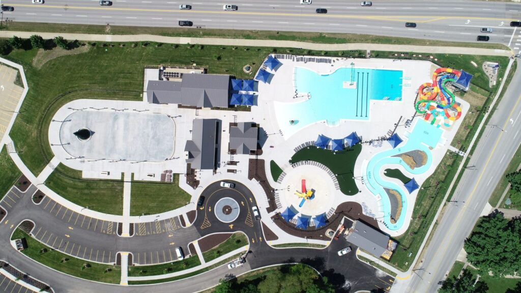 Birds eye view of the YMCA Water Park at The Landing in Bettendorf, Iowa.