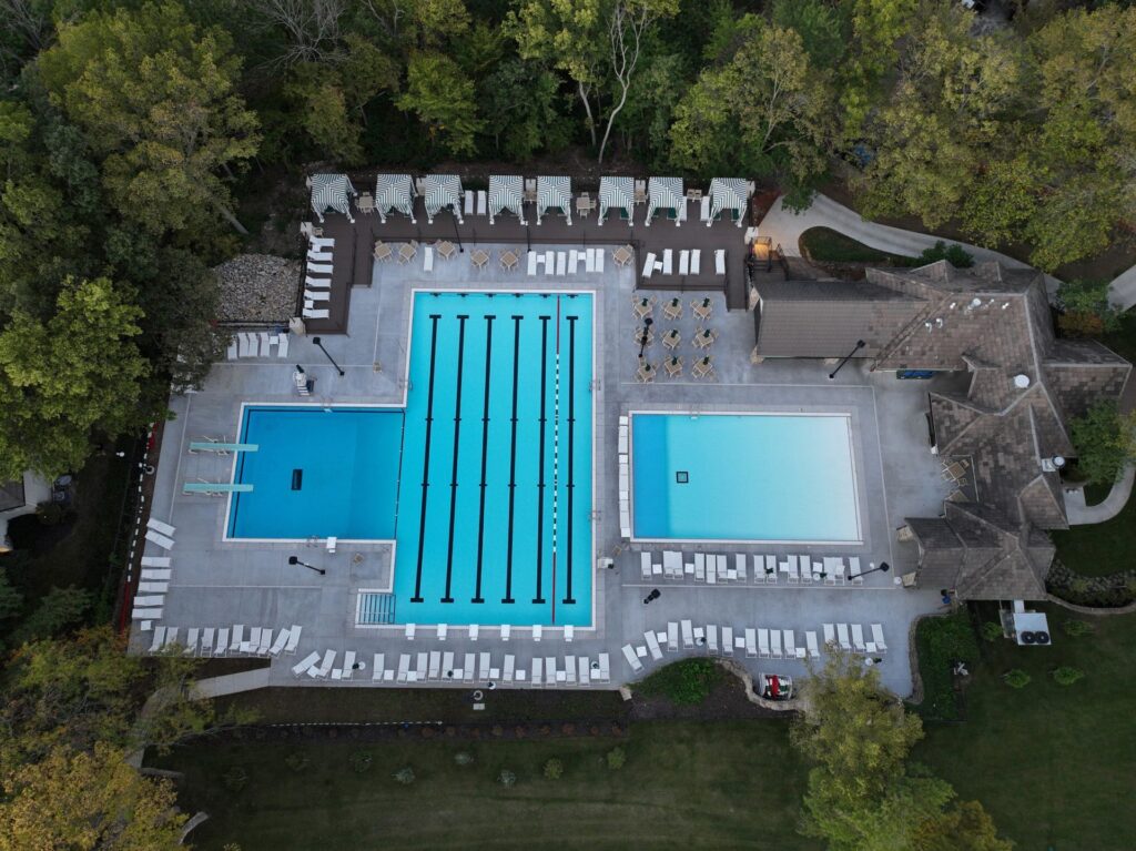 Aerial photo of the Loch Lloyd Country Club outdoor pool in Loch Lloyd, Missouri.