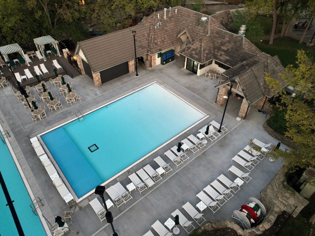 Aerial photo of the Loch Lloyd Country Club outdoor pool in Loch Lloyd, Missouri.