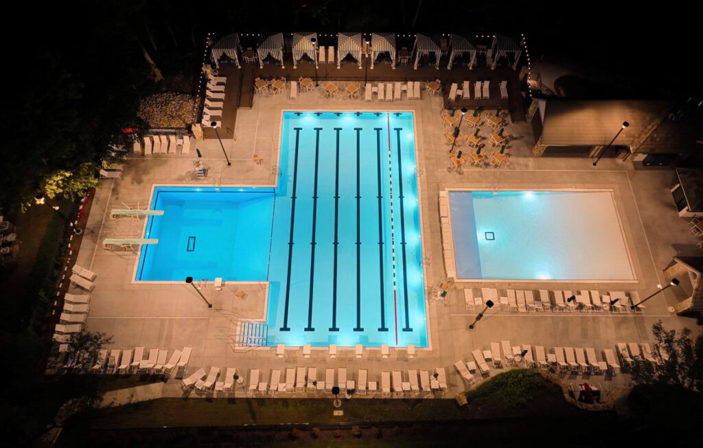 Aerial photo of the Loch Lloyd Country Club outdoor pool in Loch Lloyd, Missouri.