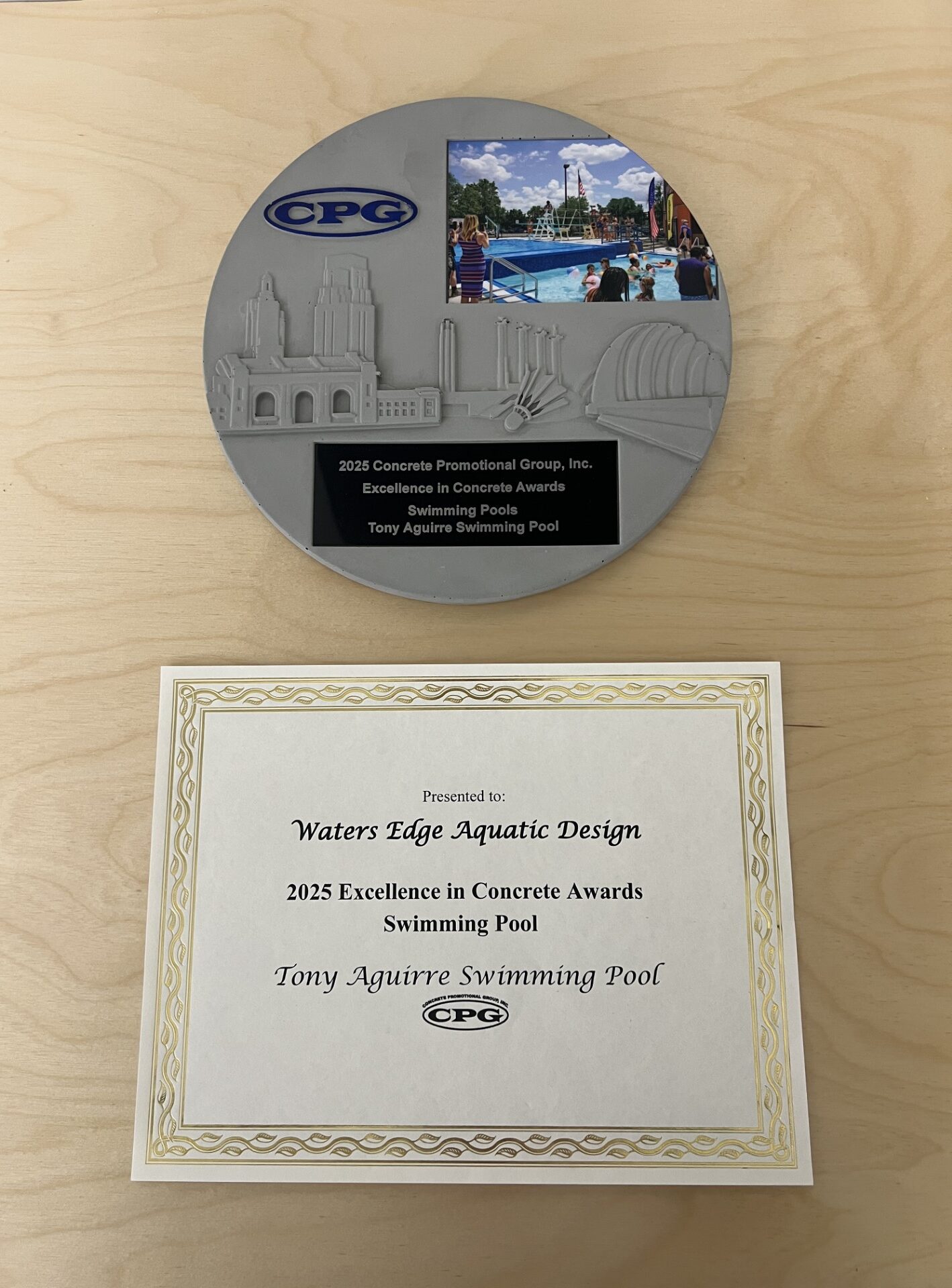 2025 Concrete Promotional Group, Inc. Excellence in Concrete Awards, Swimming Pools, Tony Aguirre Swimming Pool. Presented to Waters Edge Aquatic Design by CPG.